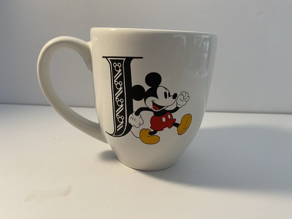 Disney Mickey Mouse White Ceramic Mug with Monogram Letter J for Coffee or Tea  