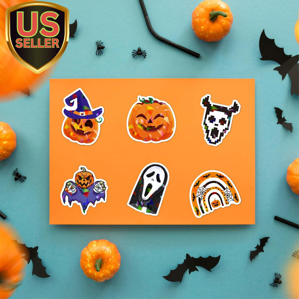 Holographic Shiny Halloween Stickers - 100Pcs Ghosts,Witches,Bats,Pumpkins St...