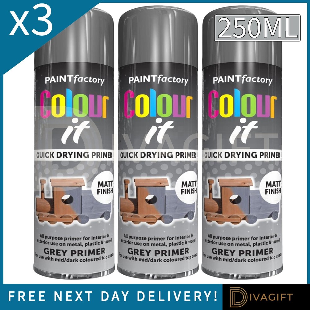 3 x GREY PRIMER MATT FINISH AEROSOL SPRAY PAINT 250ML FOR METAL WOOD PLASTIC NEW