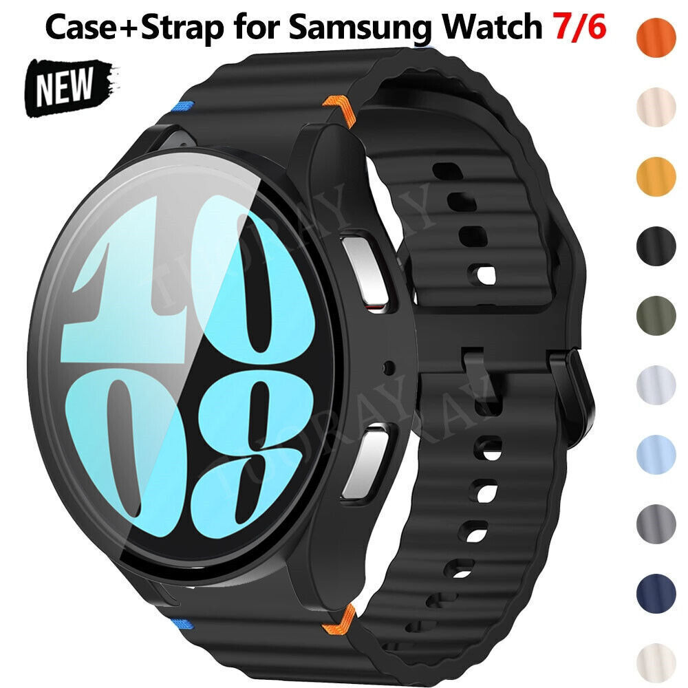 Silicone Band for Samsung Watch 7 6 5 4 44mm 40mm Sport Bracelet Strap + PC Case
