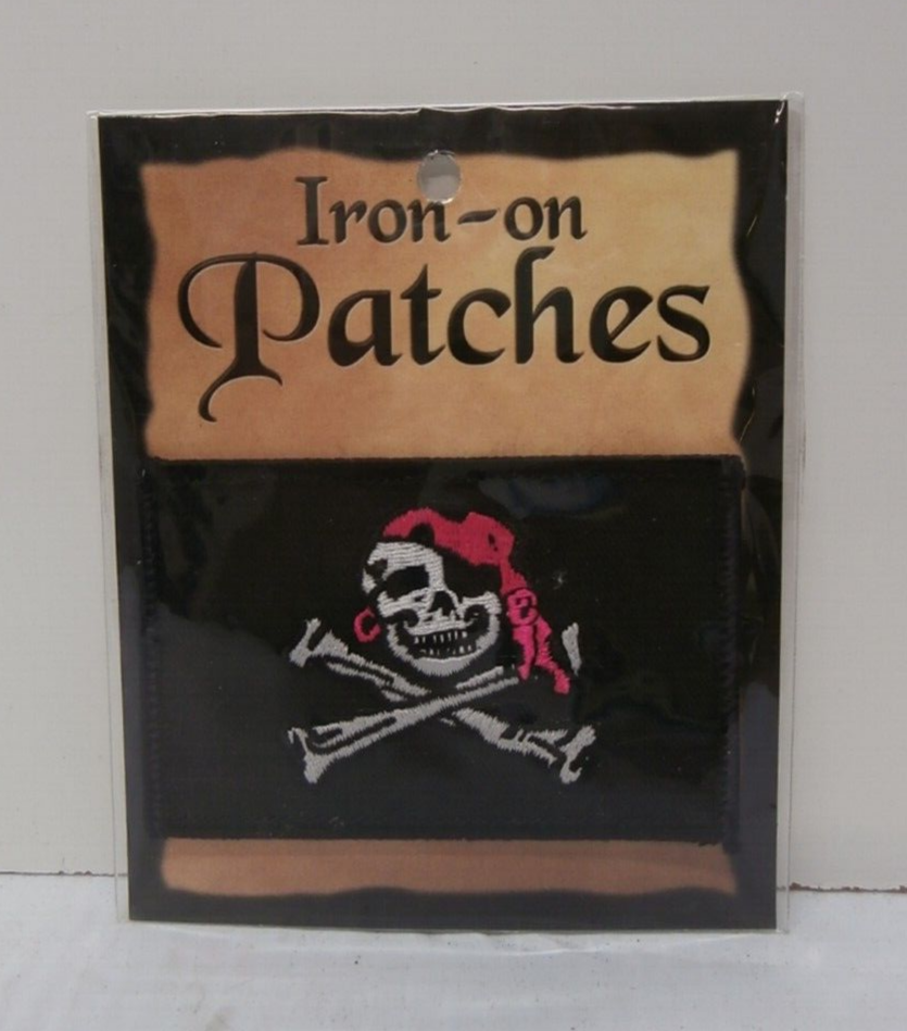 Pirate Skull Bandana Patch Black Pink 3.75 x 2.25 Inches