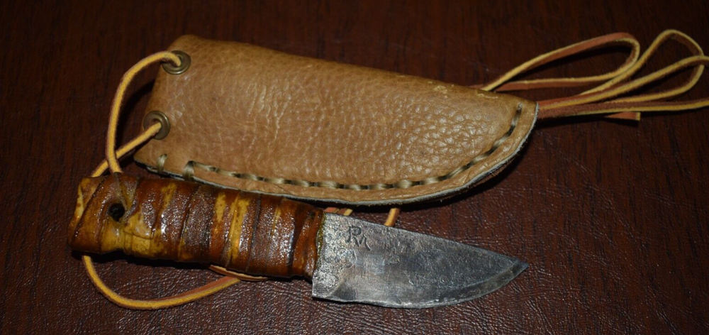 VINTAGE FORGED HOME MADE 3'' KNIFE LEATHER WRAP HANDLE & SHEATHE (G)