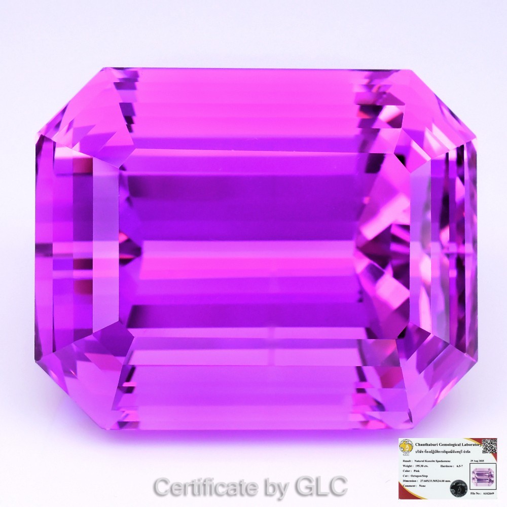 💎 Gigantic 195.30ct Natural Electric Magenta Pink Kunzite (IF) Certified by GLC