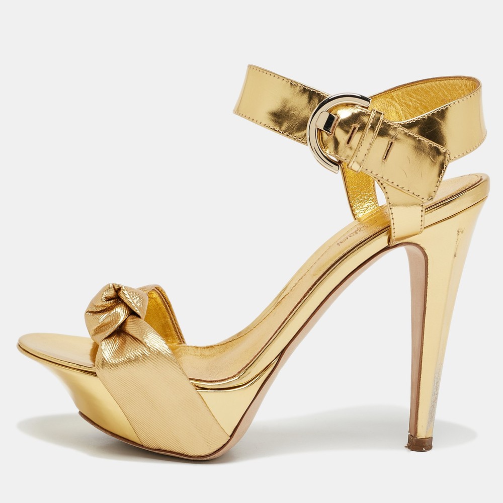 Sergio Rossi Gold Leather Platform Ankle Strap Sandals Size 36.5 EU