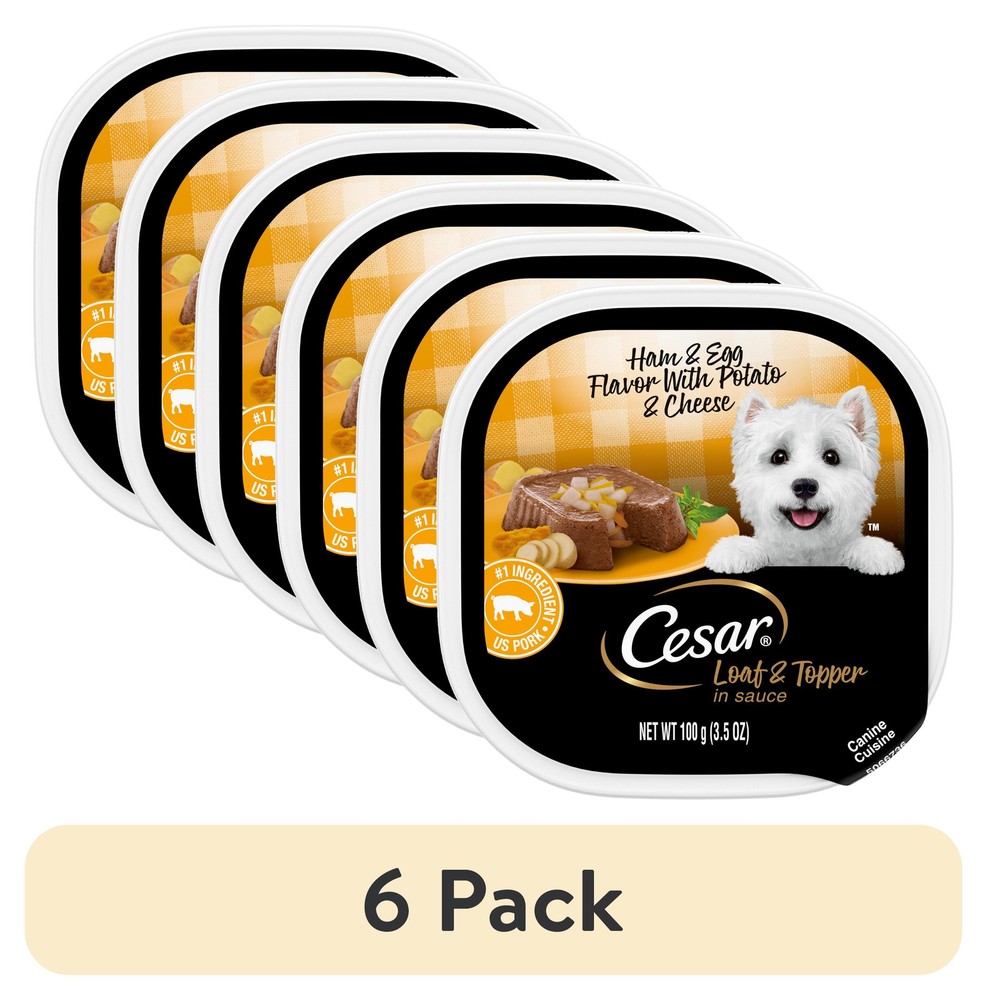 (6 pack) Cesar Loaf And Topper In Sauce Ham And Egg Wet Dog Food, 3.5 Oz Tray