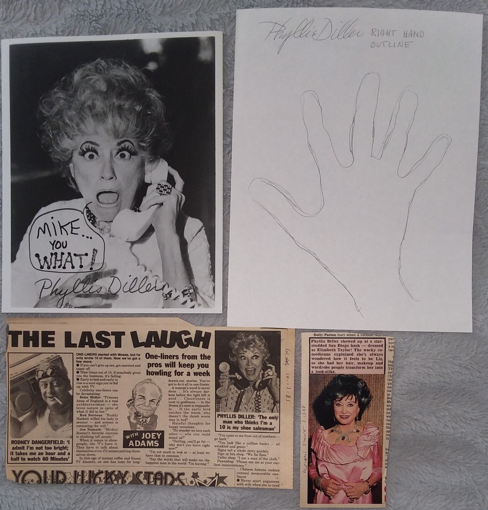 Phyllis Diller collection 5 items with rare signed hand outline, news clippings