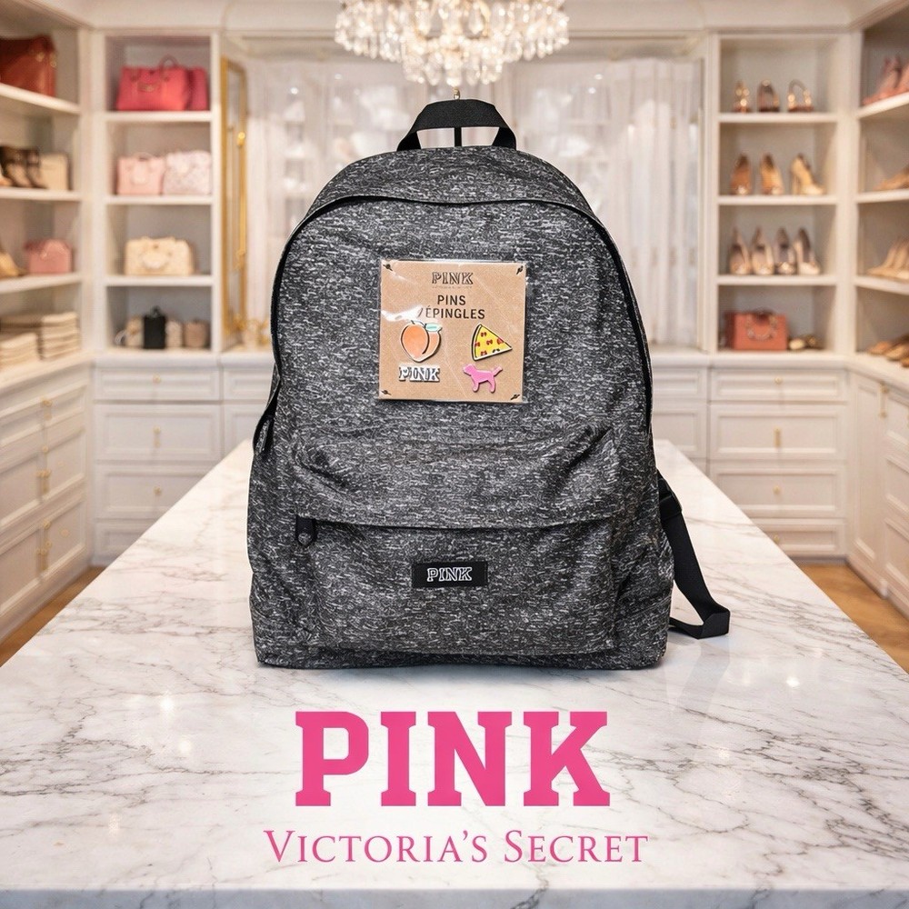 Victoria's Secret Pink Heathered Gray Mini Backpack Backpack 4 Collectible Pins