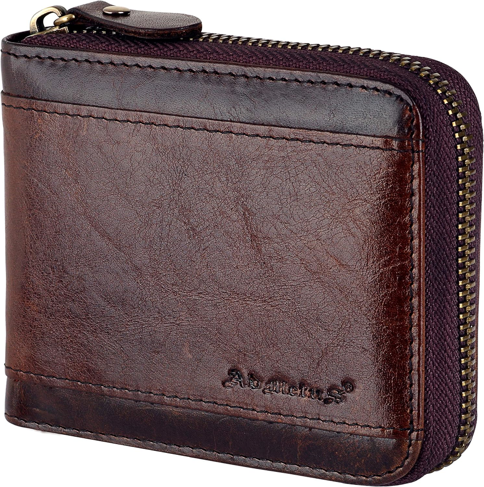 Men's Genuine Leather Short Zip Wallet with Credit Card Slots & ID Holder  