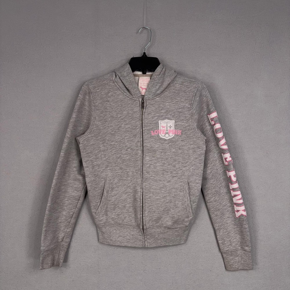 PINK Victorias Secret Hoodie Womens Medium Gray Love Pink Full Zip Fleece Y2K