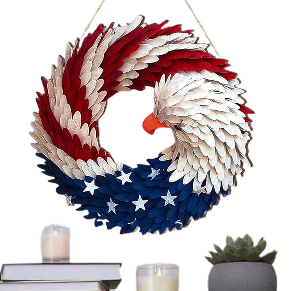 Handmade Wooden Bald Eagle American Flag Wreath for Memorial Day and 4th of July Decor