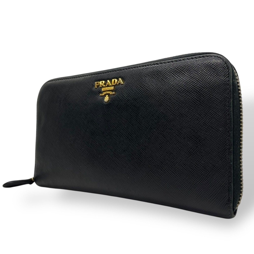 Prada Saffiano Leather Black Round Zip Long Wallet with Logo in Excellent Condition