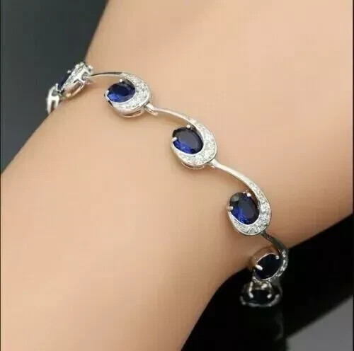 5Ct Oval Lab Blue Sapphire Tennis Bracelet 14K White Gold