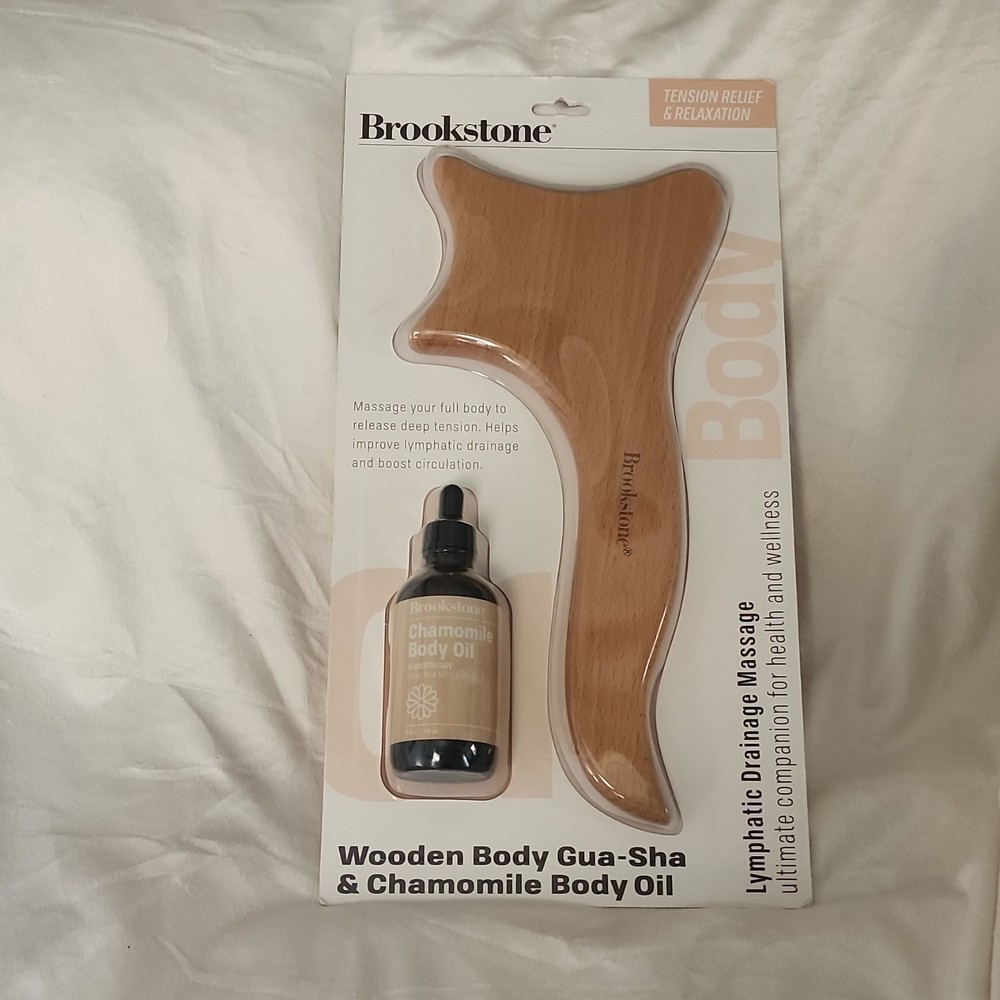 Brookstone Wooden Gua Sha Massager & Chamomile Body Oil for Full Body, Neck, Arm