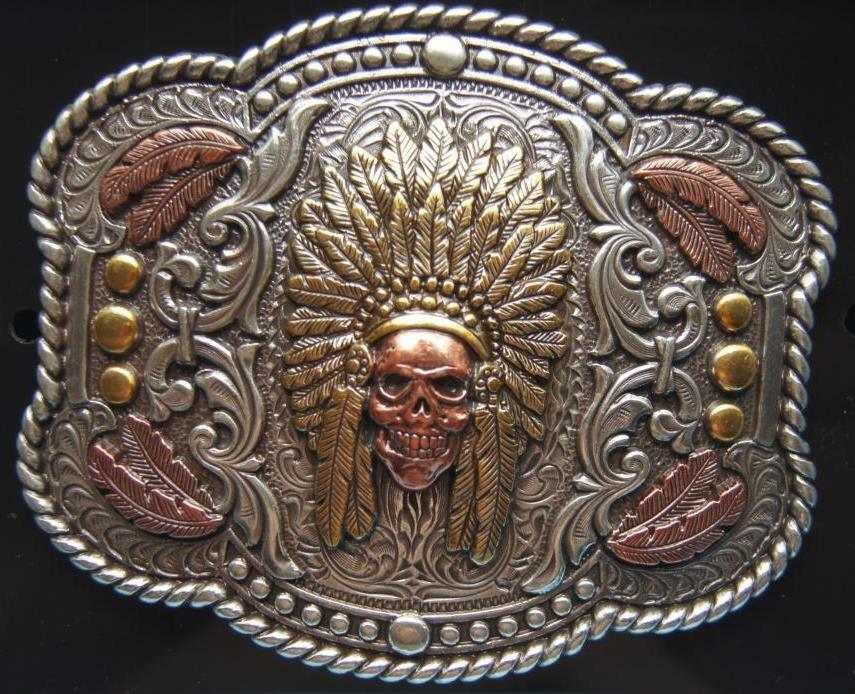 Nocona Western Buckle Indian Chief Feather Skull Silver 37600