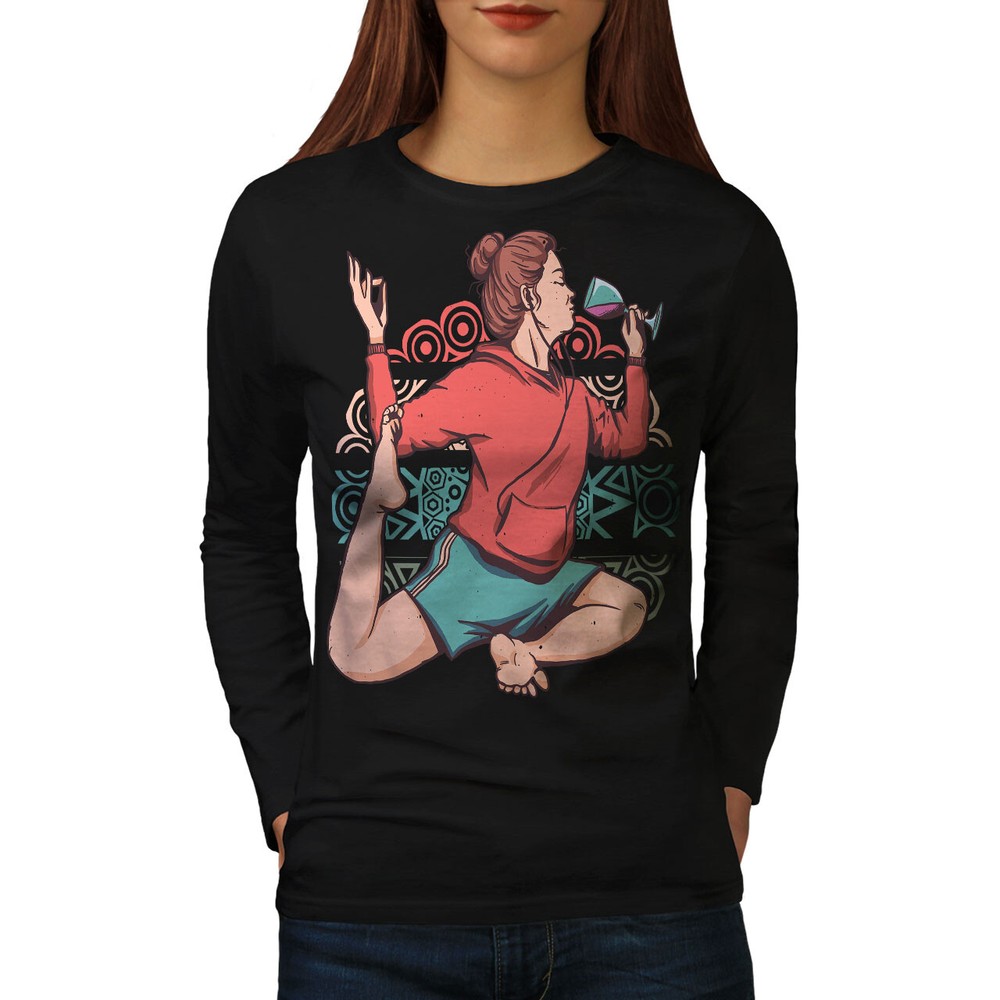 Wellcoda Playful Yoga With Wine Glass Zen Womens Long Sleeve T-shirt