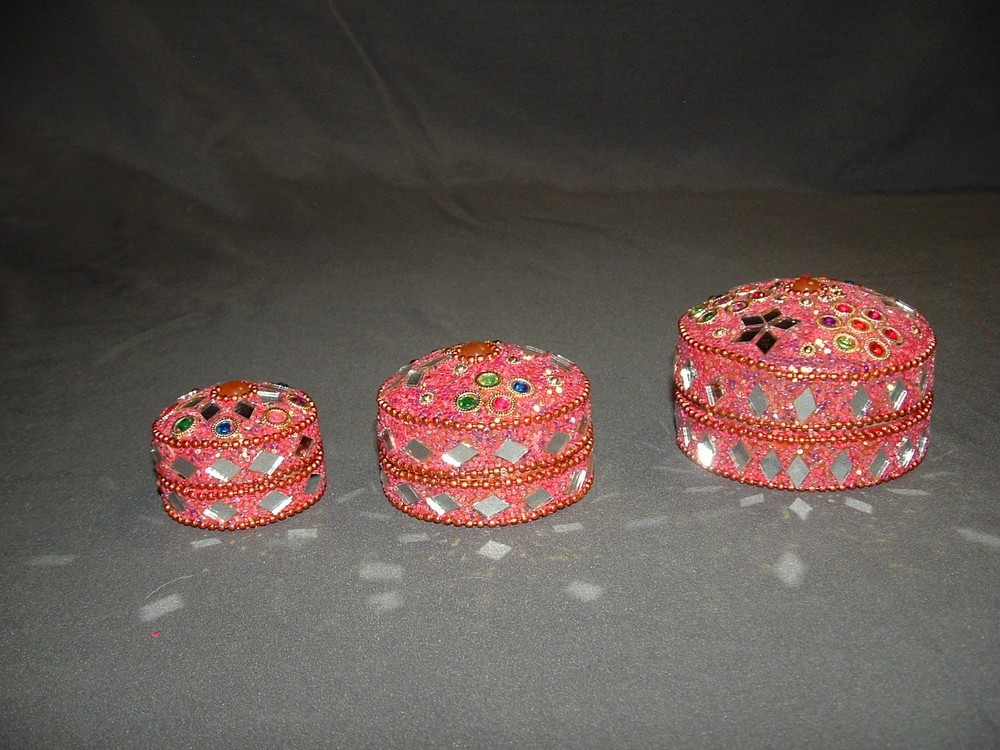 3 Lovely Jeweled and Beaded Nesting Metal Tin Trinket Boxes