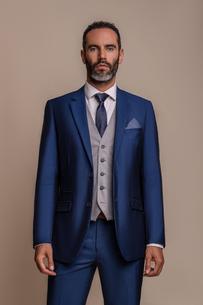 Cavani Men's Blue  Slim Fit Suit with Grey Waistcoat Clearance Sale RRP £ 224.97-image