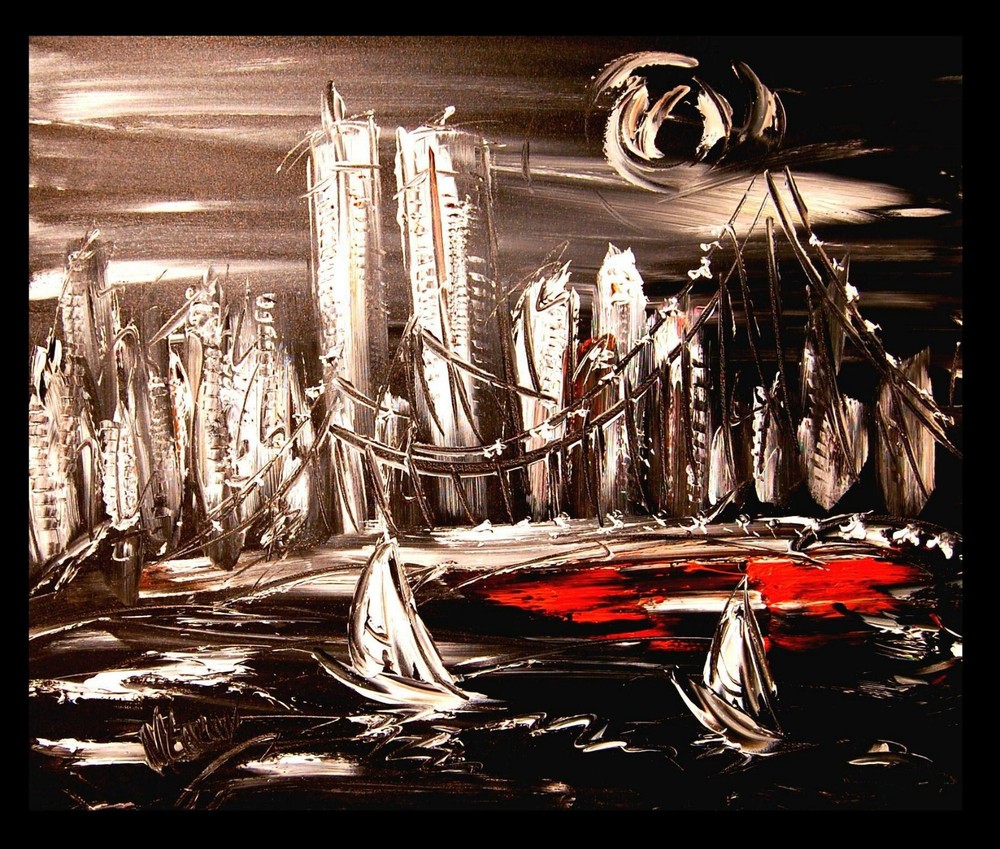 Oil Painting BLACK TWIN TOWERS  abstract SIGNED  Original canvas IMPRESSIONIST