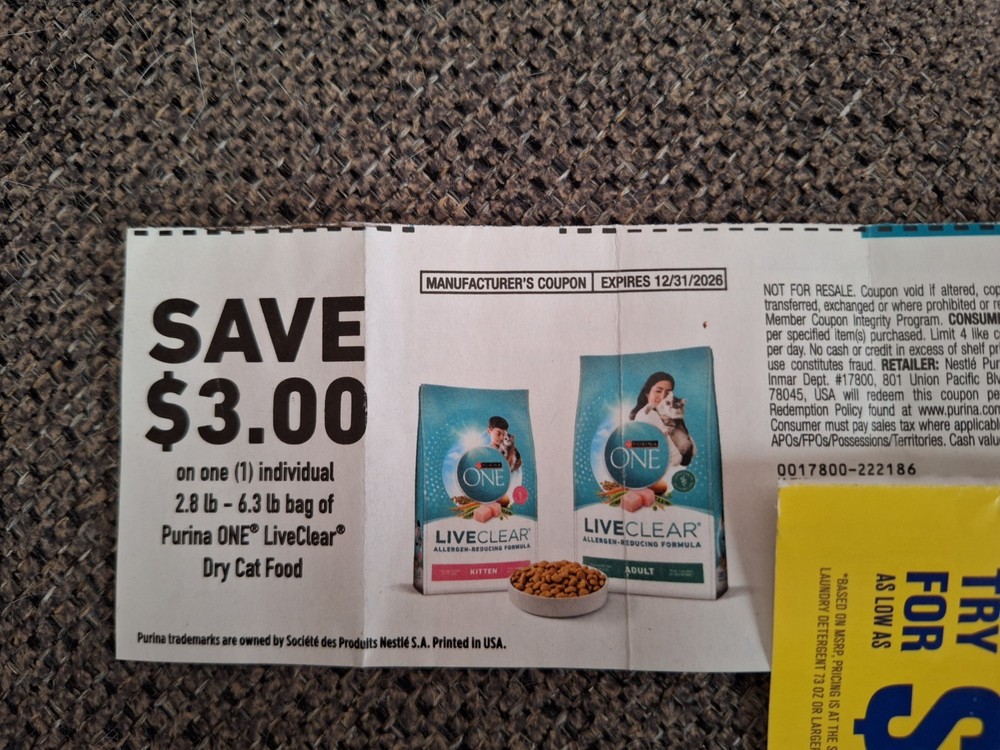 Coupon- Save $3 on one bag Purina One LiveClear cat food Exp 12-31-26 Live Clear-image