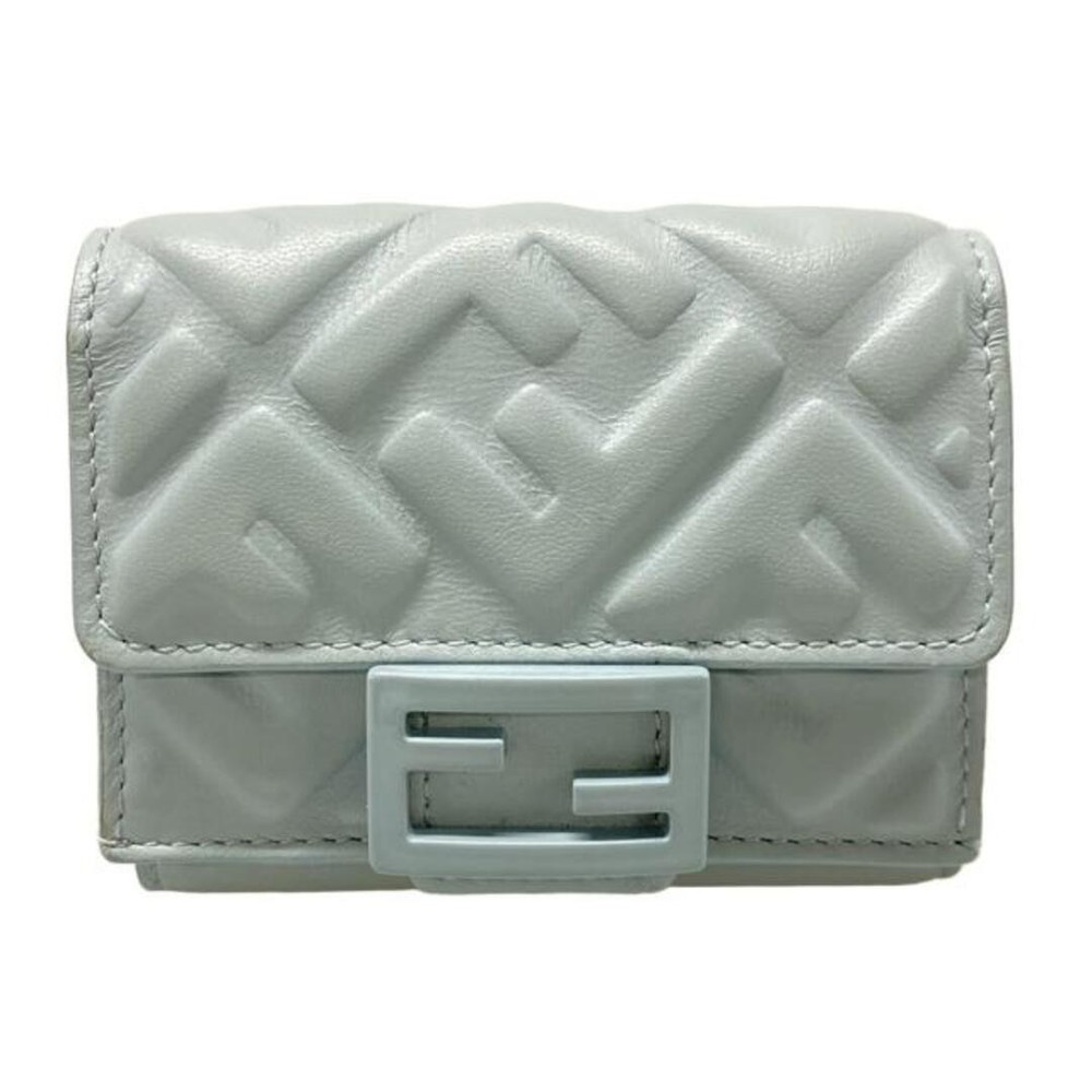 FENDI Trifold Wallet Baguette Micro Leather Light Gray Authentic From Japan