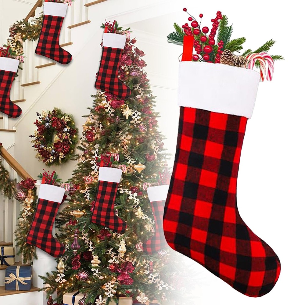 4PCS Red and Black Plaid Christmas Stockings Hanging Decor