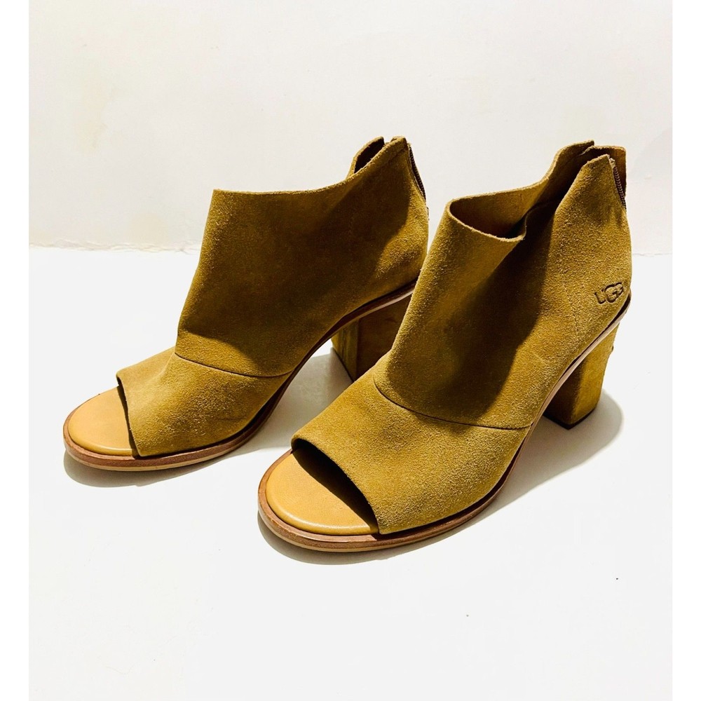 UGG leather shoes open peep toe boots Ginger brown booties Zip up women's 7