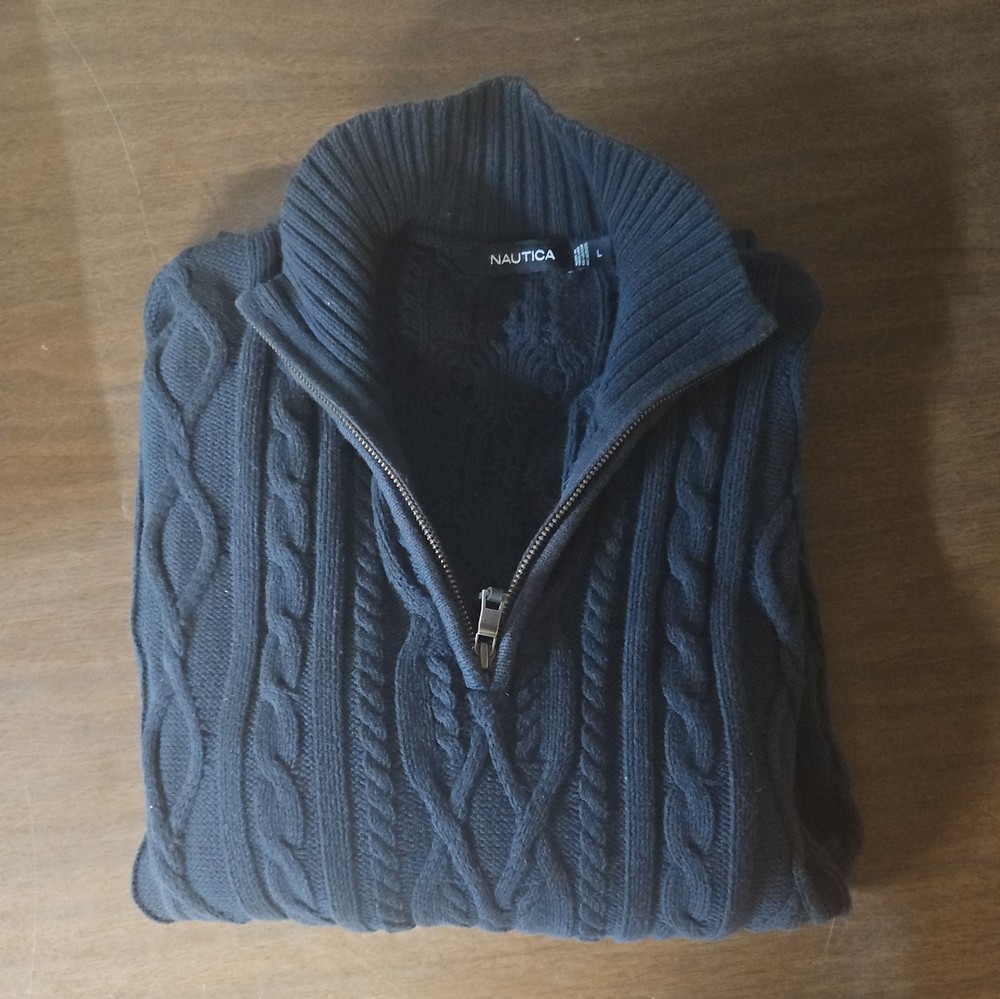 Nautica Men’s Cable Knit Sweater L Navy Blue 1/4 Zip Cotton Blend Pullover
