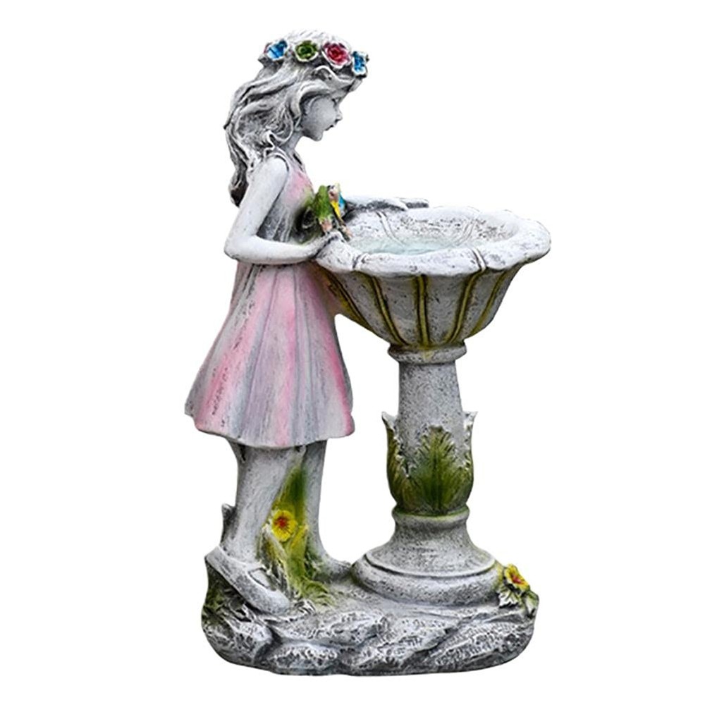 Solar Lighted Girl by Bird Bath Sculpture Solar Garden Statue Solar Power Fai...