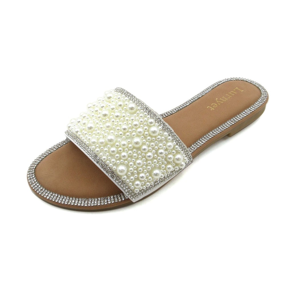 Lurnyet Women's Comfort Cushion Pearl Embellished Slide Sandals Rhinestone Trim