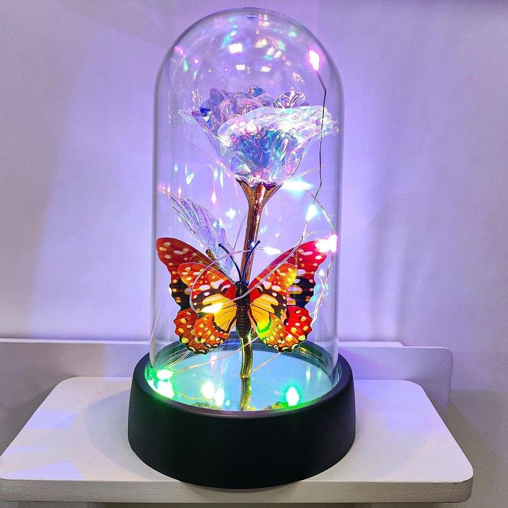 Glass Rose in Glass Dome, Light Up Flower, Eternal Rose - Valentines Day Gifts f