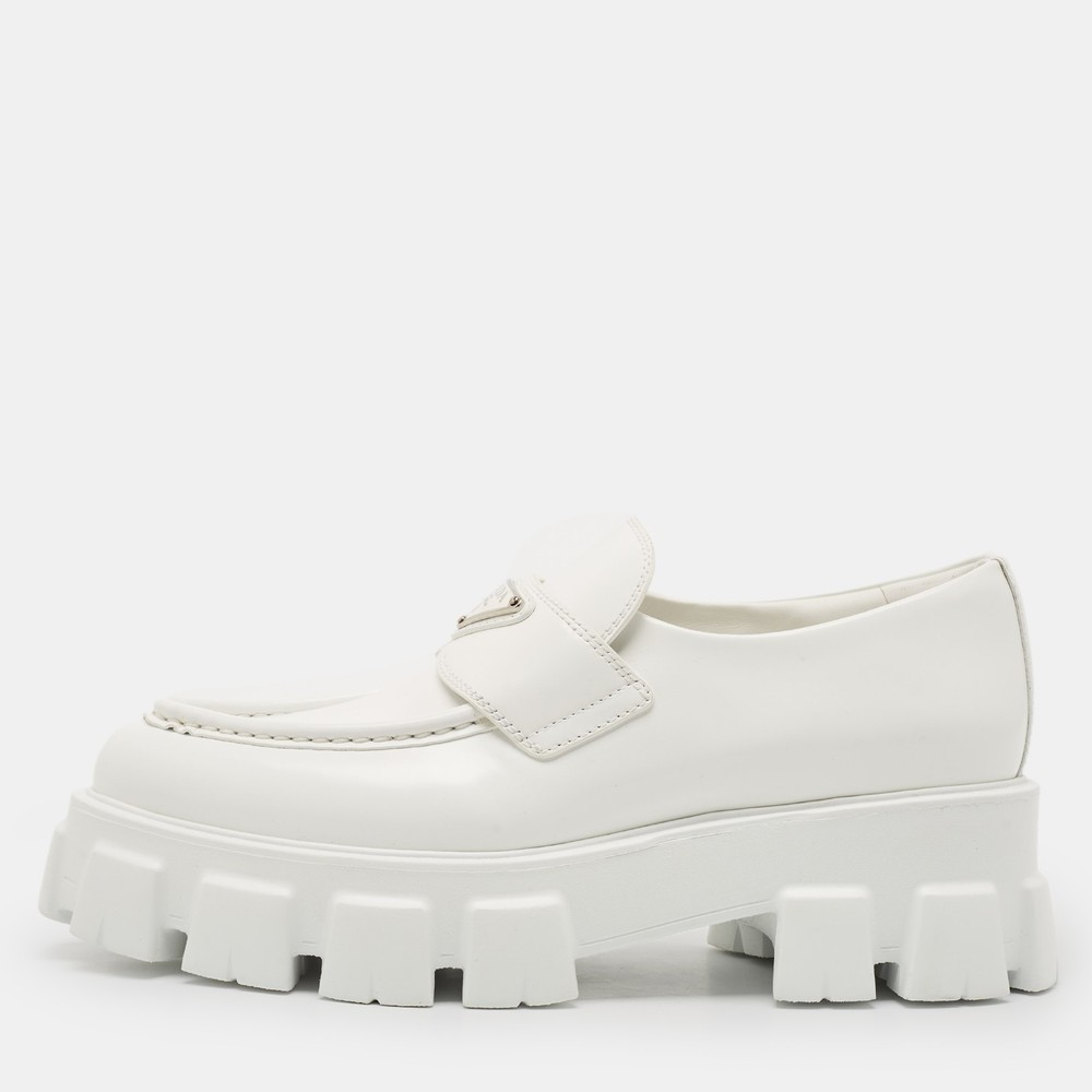 Prada White Leather Monolith Loafers with Triangle Logo Size 39