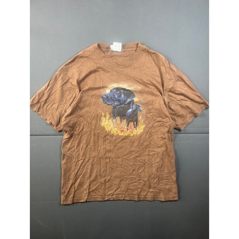 Hanes Black Labrador Dog T-Shirt Vintage Brown Graphic Realist Art Puppy Lab L