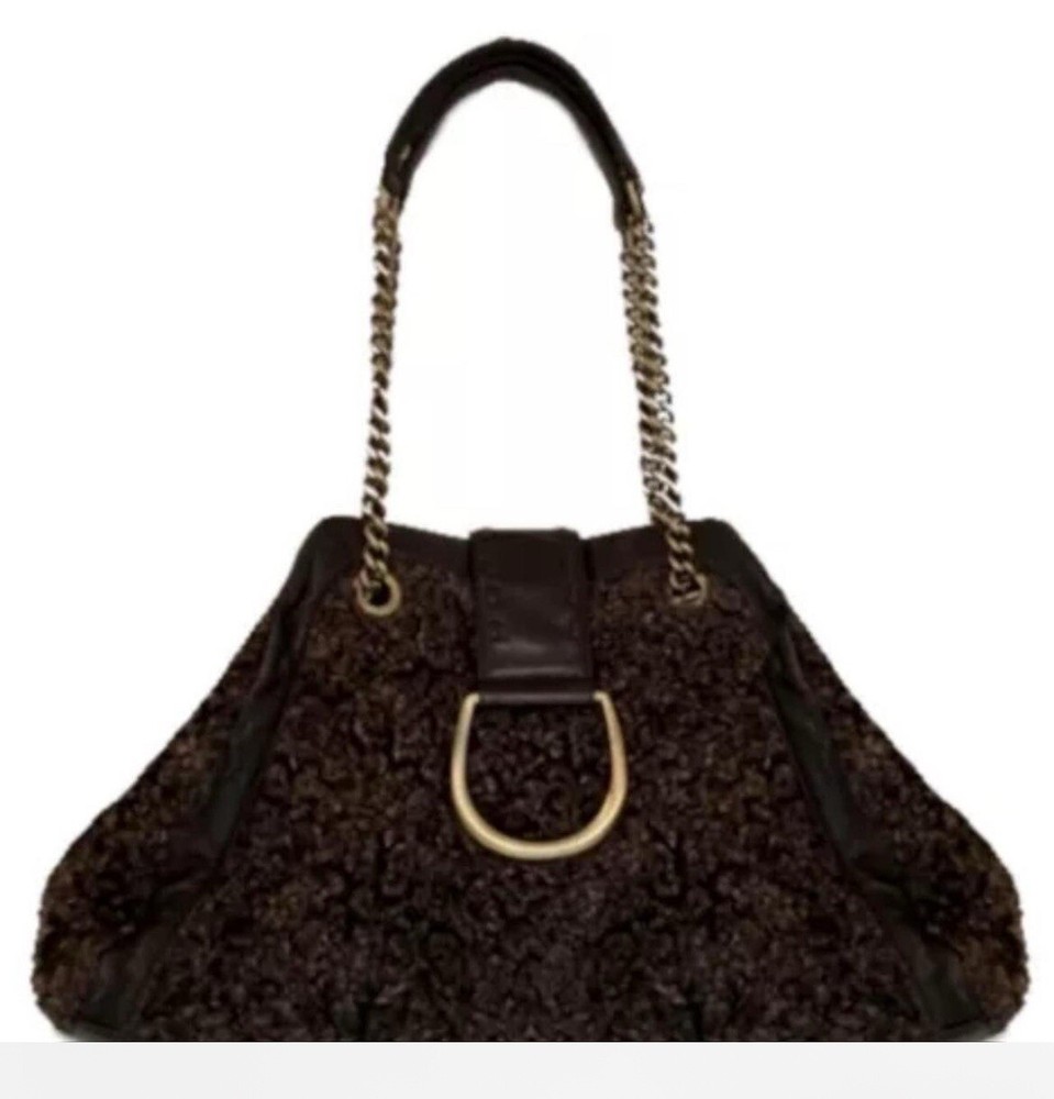 Luxury Donald J Pliner Shoulder Bag Tote Leather Brown Shearling Fur Designer