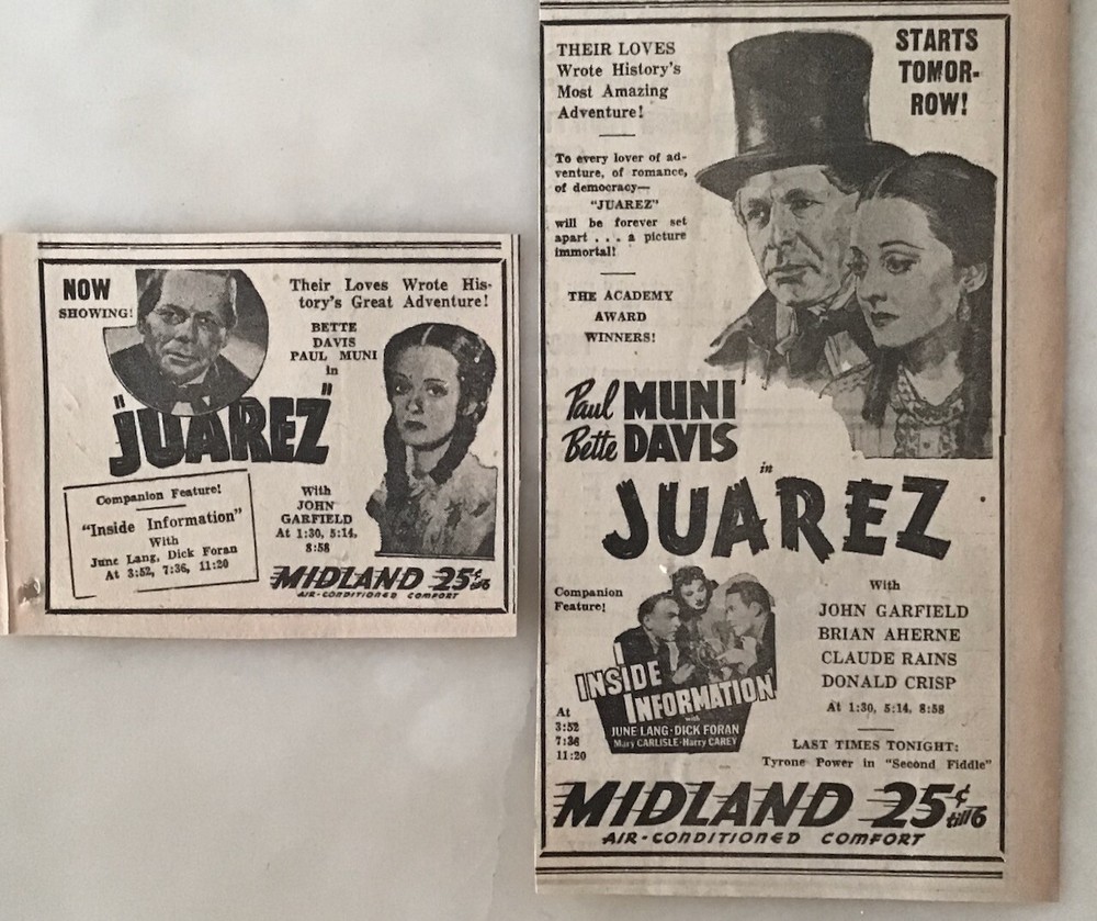 2 1939 newspaper ads for movie Juarez - Paul Muni, Bette Davis historical drama