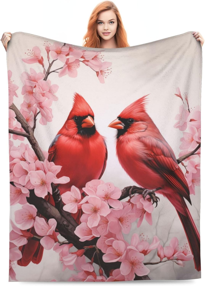 Red Cardinal Flower Branch Blanket Gifts for Women Pink Floral Birds Flannel ...