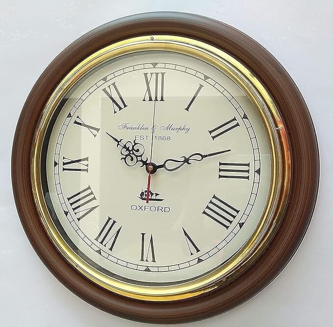 Nautical Classic Wall Clock 12-inch Round Roman Numerals Brown Wood Frame