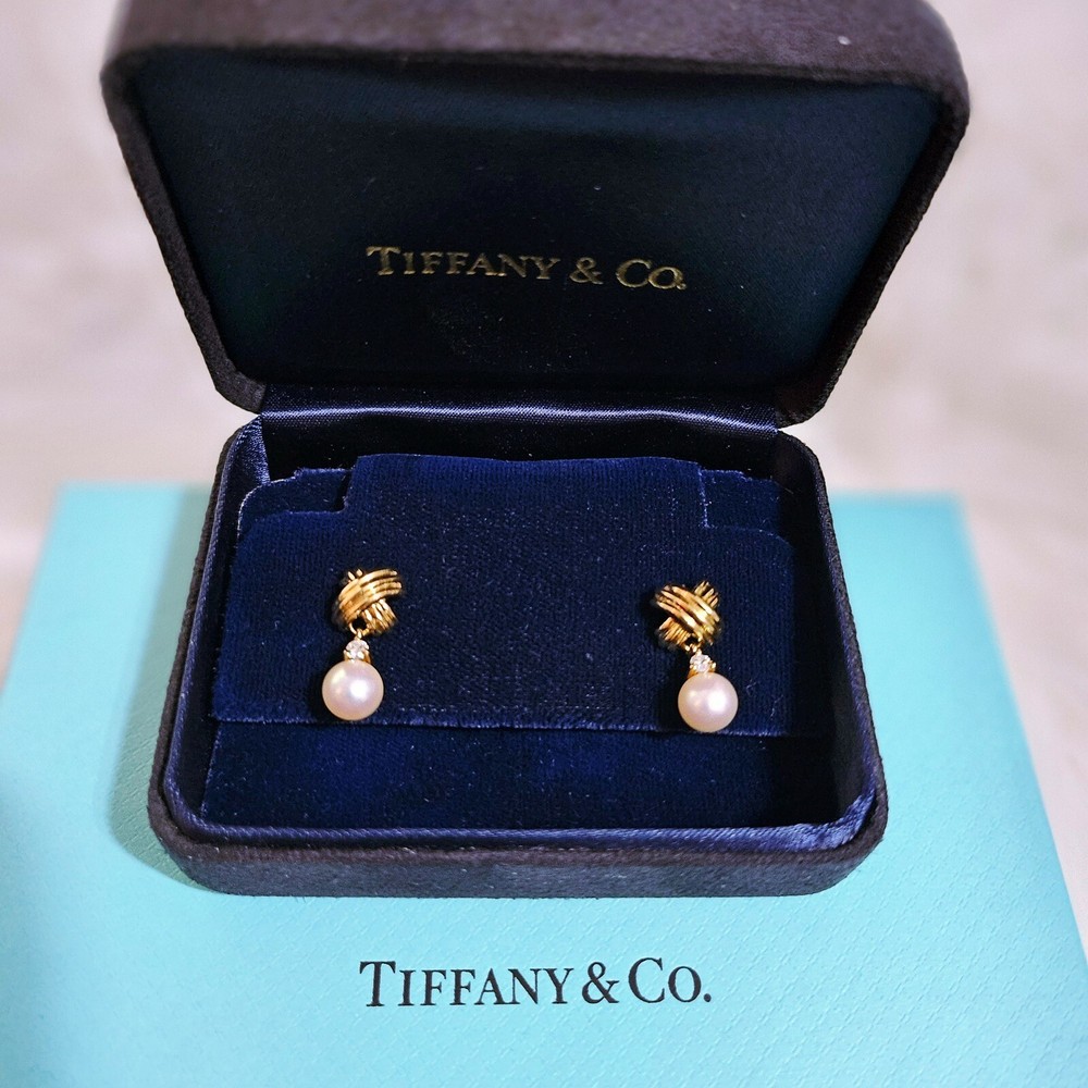 FLASH SALE 🩵 Vtg Tiffany & Co. Signature X 18k Pearl Diamond Dangle Earrings-image