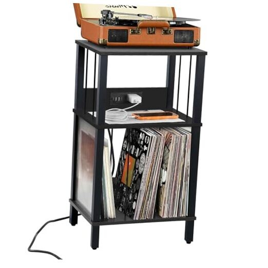 Record Player Stand with Charging Station, 3-Tier Wooden End Table, Black