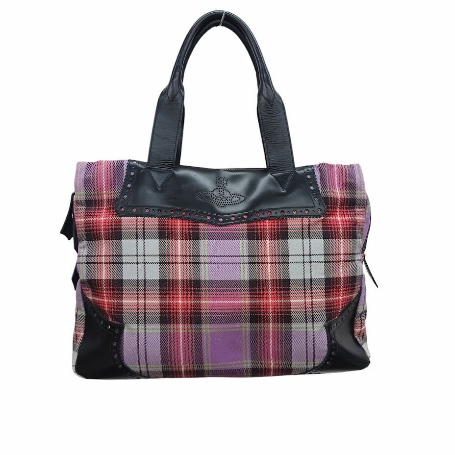 Vivienne Westwood Man Tote Bag Handbag Check Purple Leather