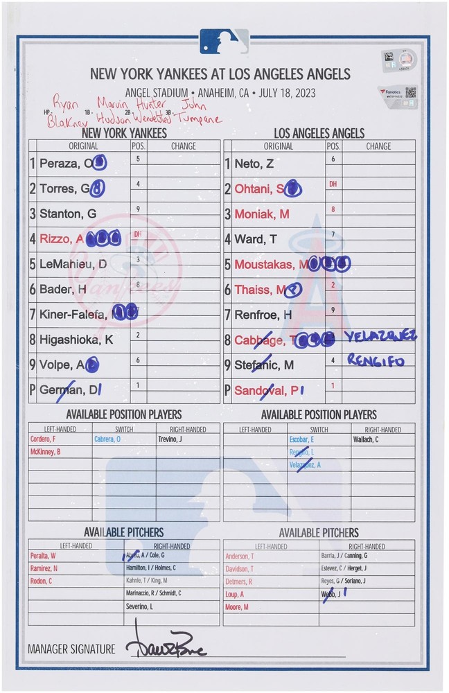New York Yankees Game-Used Lineup Card vs. Los Angeles Angels on July 18, 2023