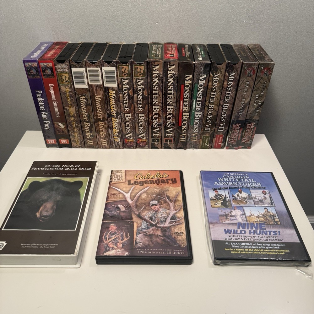 Vintage Hunting VHS & DVD Lot (19) Monster Bucks Realtree Wild America Sealed