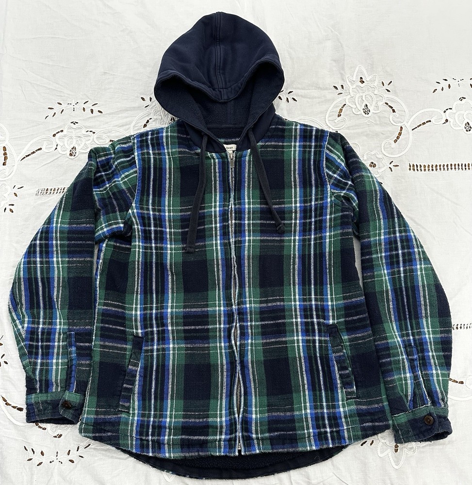 LL Bean Shacket Mens Small-Reg Blue/Green Plaid Flannel Fleece Lined Cotton