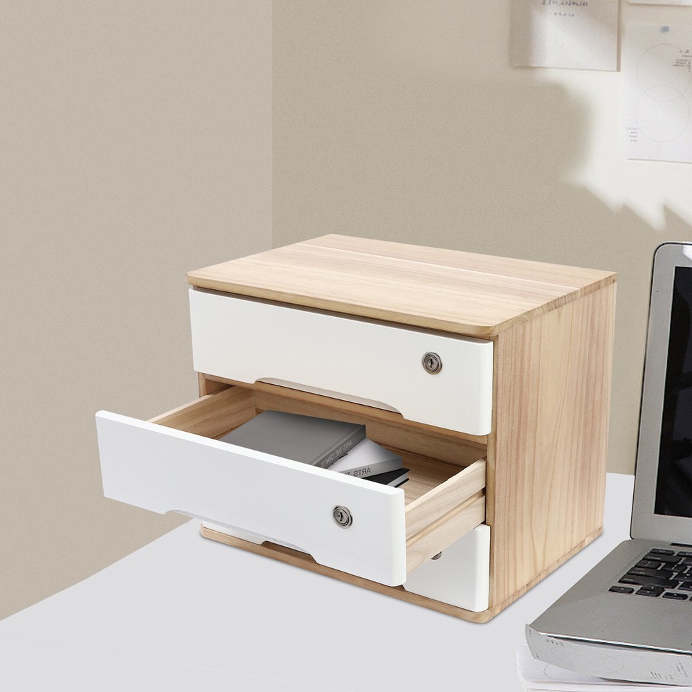 3-tier Wooden Desktop Storage Cabinet w/ Lockable Drawers+6*keys For Home Office