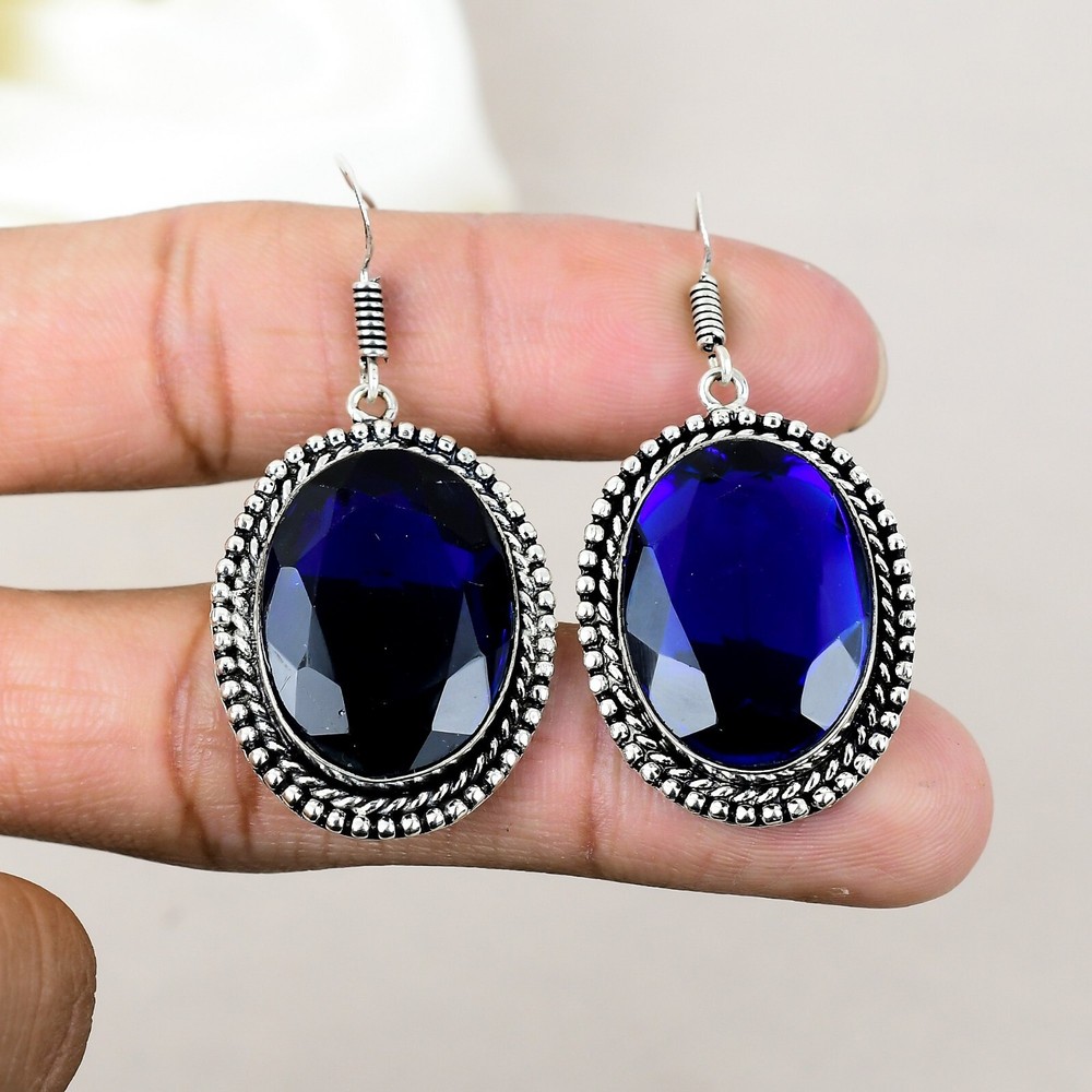 Blue Sapphire Gemstone 925 Sterling Silver Handmade Earrings Jewelry Women Gift