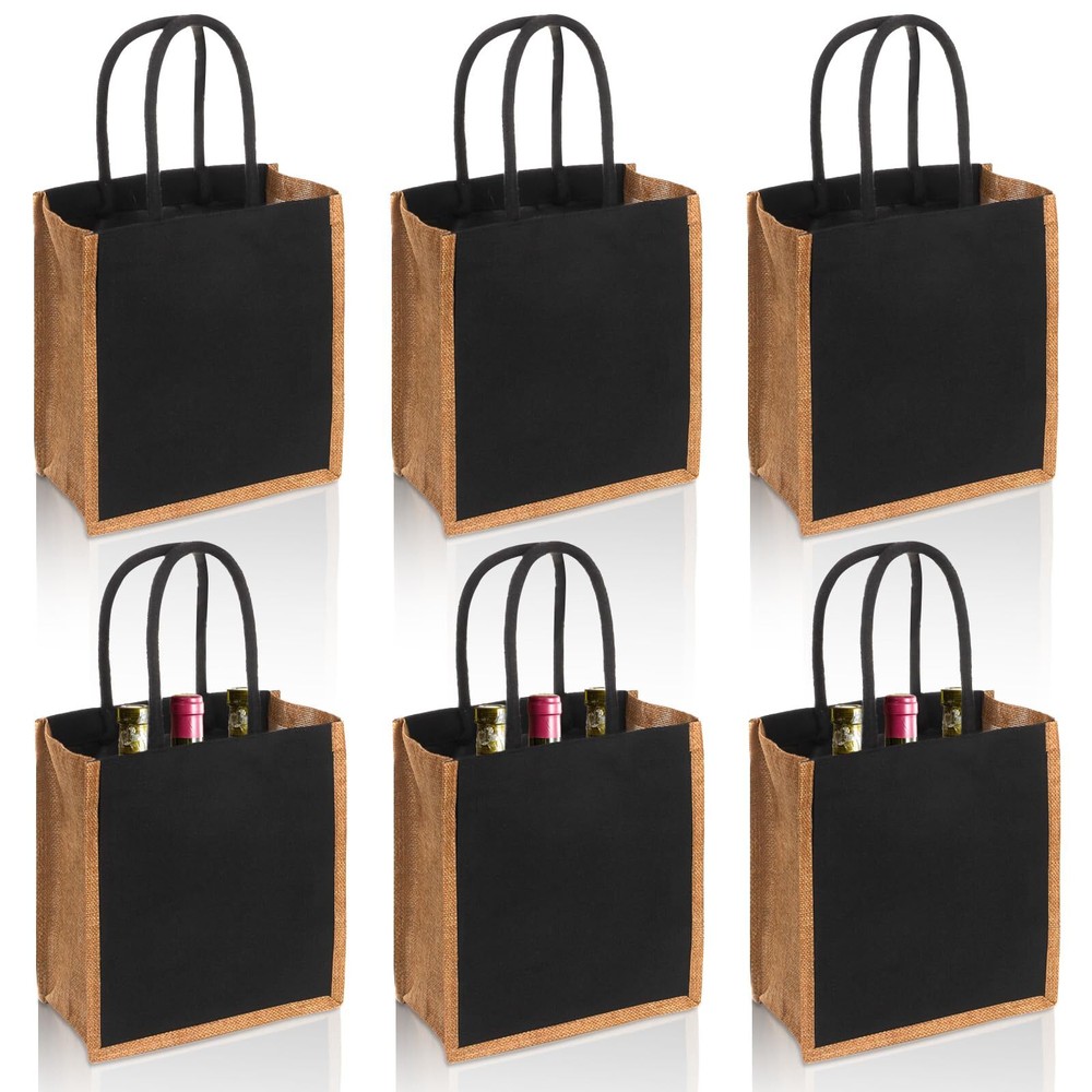 6 Pack Burlap Tote Bags, Reusable Gift Totes with Handles, Black Jute Beach B...