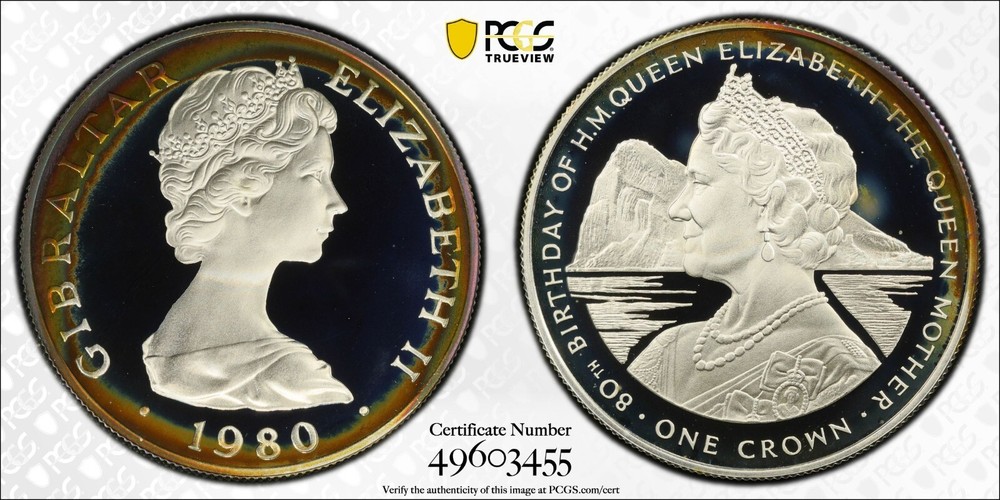 1980 Gibraltar Crown PR 68 DCAM Queen Elizabeth 80th Birthday PCGS 488