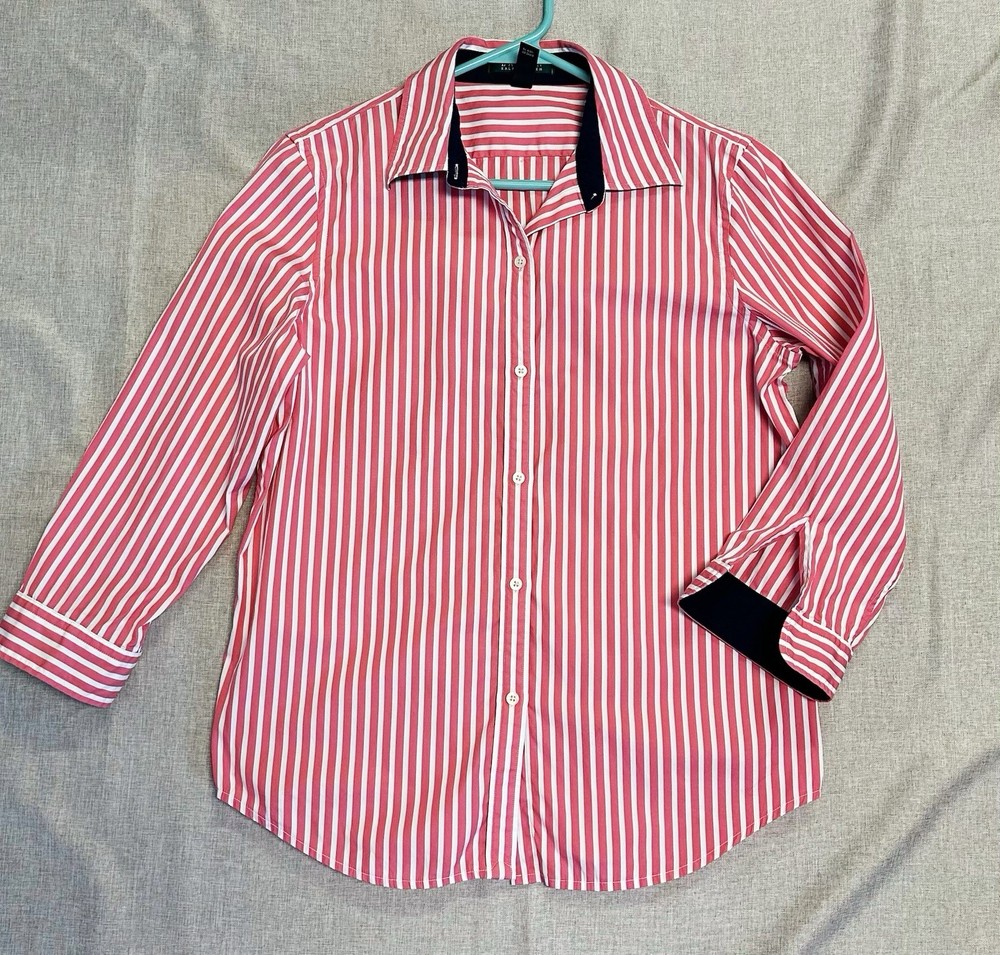 Lauren Ralph Lauren Pink White Striped Button-Down Shirt 100% Cotton Size M