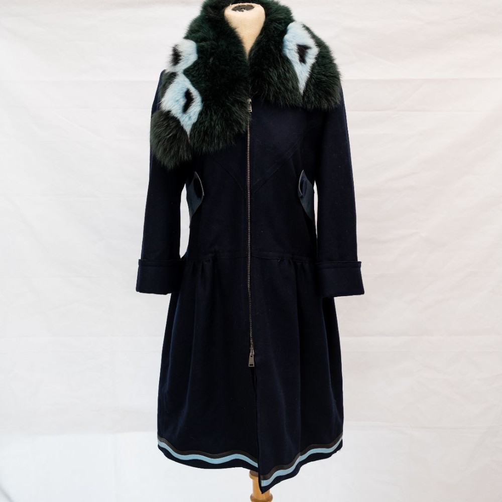 Fendi Fox Fur Collar Coat in Navy Blue Làna Vergine