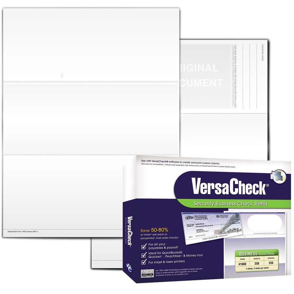 VersaCheck Secure Checks - 250 Blank Business Voucher Checks - White Canvas -...-image