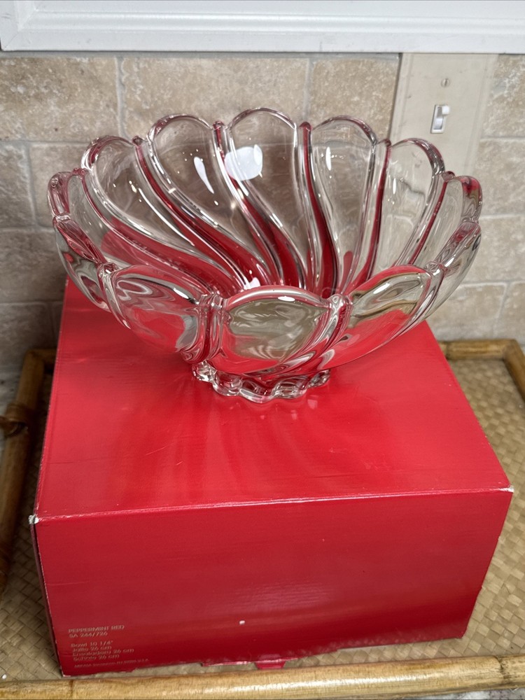 Rare Mikasa Crystal Peppermint Red Swirl Trinket Bowl 10.25 Inch with Original Box